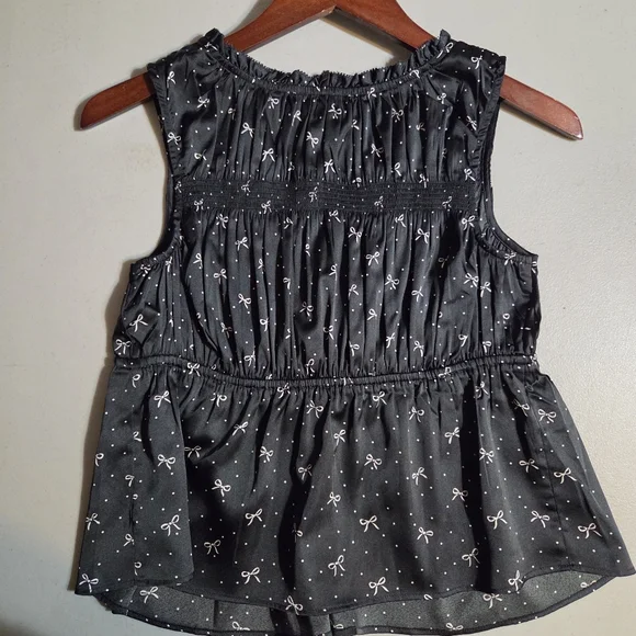 NWT American Eagle Bow Print Tie Top Small Black Spring Blouse Romantic Vest - Picture 6 of 13